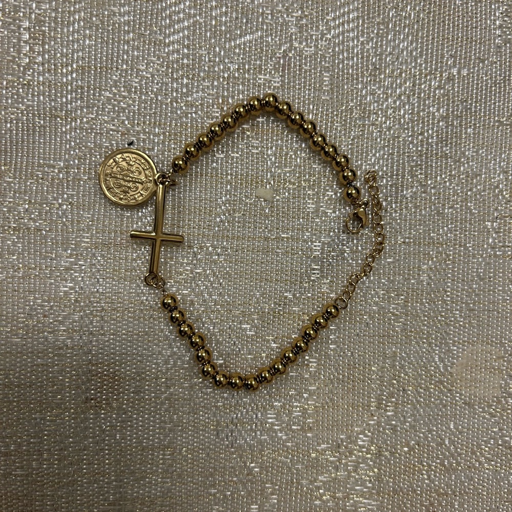 Gold Beaded Bracelet with Cross and Coin Charm